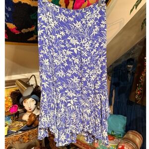 VTG Y2K Periwinkle Blue White Floral Rayon Midi Skirt Fairy Handkerchief Hem - L